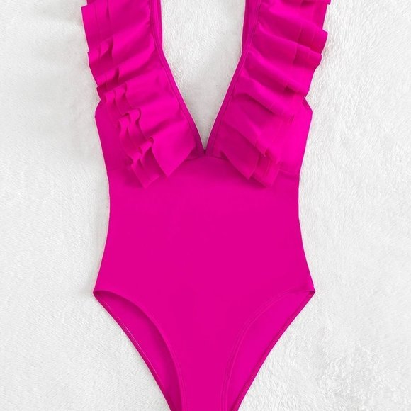 Hot Pink Preppy Womens Ruffle Trim One Piece Swimsuit - Picture 5 of 5